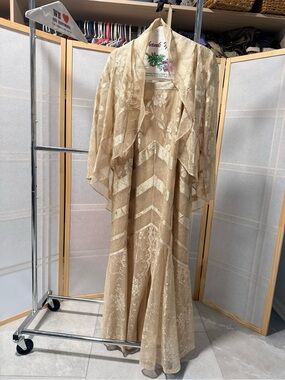Vintage Damianou Champagne Gold Brocade Formal Dress & Sheer Jacket Set